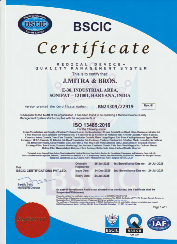 ISO 13485:2016 certificate for J. Mitra & Bros.